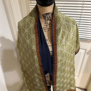 Olive Green and Orange Patterned silk Scarf - roughly 17”*68”